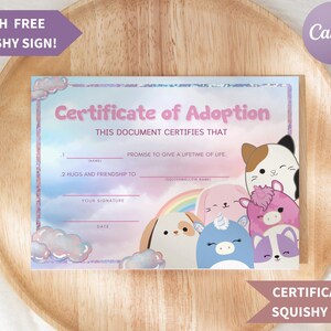 Squishmallow Adoptionszertifikat, Adopt a Squish, druckbare Adoptionsurkunde, Squishmallows Geburtstage, Adopt Squishmallow Zertifikat
