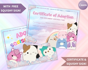 Squishmallow Adoption Certificate, Adopt a Squishmallow, Squishmallow Adoption, Squishmallows Birthday, Squishmallow Party, Canva Template