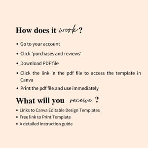 May include: A beige graphic with the text "How does it work?" and a list of instructions. The instructions include steps like going to your account, clicking 'purchases and reviews', and downloading a PDF file. The graphic also includes the text "What will you receive?" and a list of items.