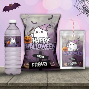 Halloween Party Favor Bundle, Water Bottle Labels, Chip Bags Labels, Capri sun label, Halloween birthday Favors, Canva Template