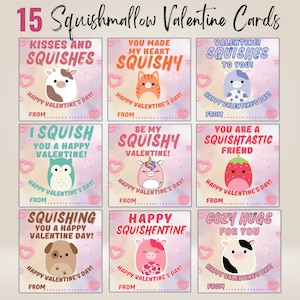15 Squishmallow Valentine Cards, Squishmallow Party Cards For Kids, Squishmellow Png Pdf Canva Editable With Print Template Instant Download