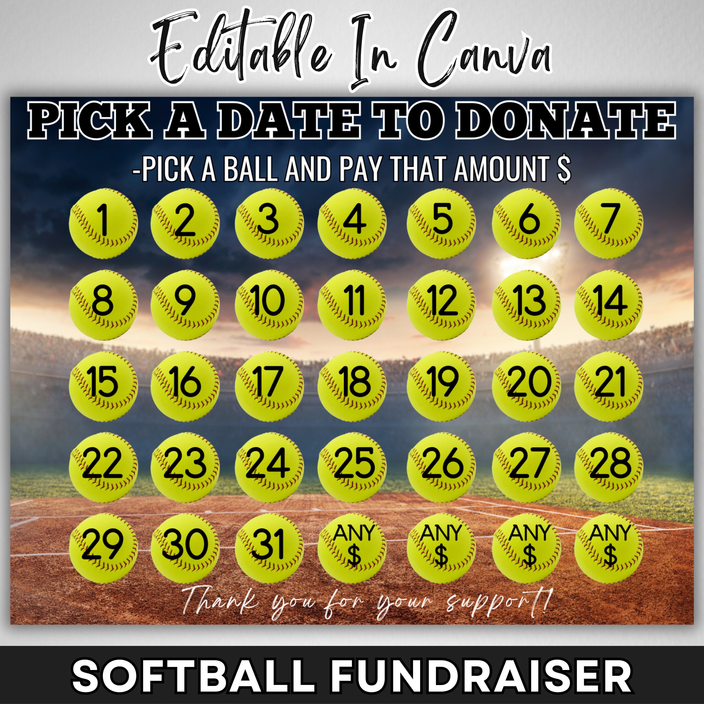 Softball Fundraising Calendar 2025, Pick a Date Donation February Calendar Fundraiser Template 8.5x11 Canva Template Digital Download
