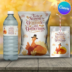 Printable Thanksgiving Party Favor Bundle, Water bottle labels, Chip Bags Labels, Capri Sun Label, Canva Template