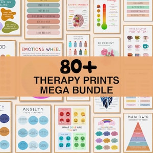 May include: A collection of over 80 therapy prints featuring educational charts, emotional wheels, Maslow's hierarchy of needs, and coping statements. The posters display colorful graphics, diagrams, and text focused on mental health and wellness.