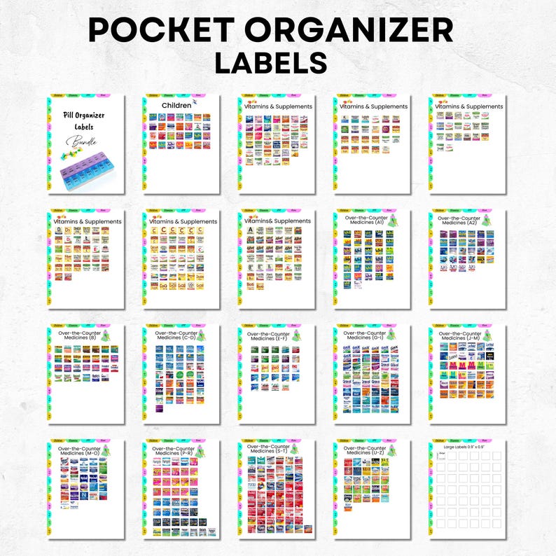 May include: A printable set of 20 pocket organizer labels for vitamins, supplements, and over-the-counter medications. The labels are color-coded and feature a variety of common medications and supplements. The labels are designed to help people organize their medications and supplements in a clear and concise way.