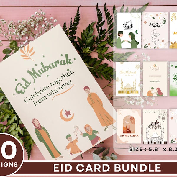 Eid Cards Assorted Pack of 10 | Eid Mubarak Cards Bundle | Greeting Cards for Eid | Bulk Eid Cards| Modern Eid Card | Eid Wish Card| 5"x7"