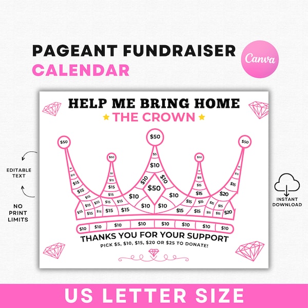 Pageant Fundraising Calendar, Pick a Date Donation Pageant Calendar Fundraiser Template US Letter Size Canva Template Instant Download