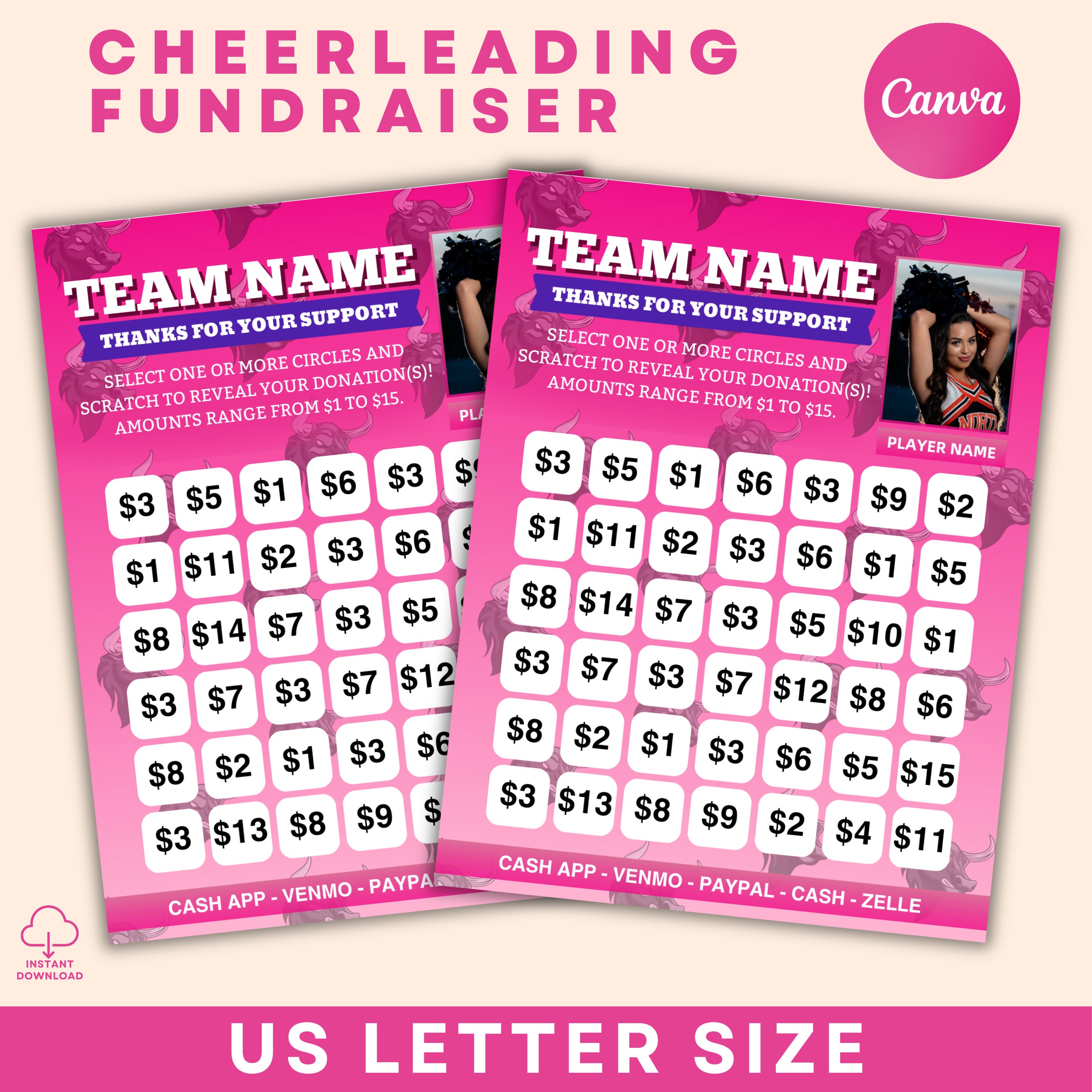 Printable CheerLeading Scratch Off fundraiser,Pick a Date Donation Cheer Fundraiser Calender,US Letter Size Canva Template, Digital download
