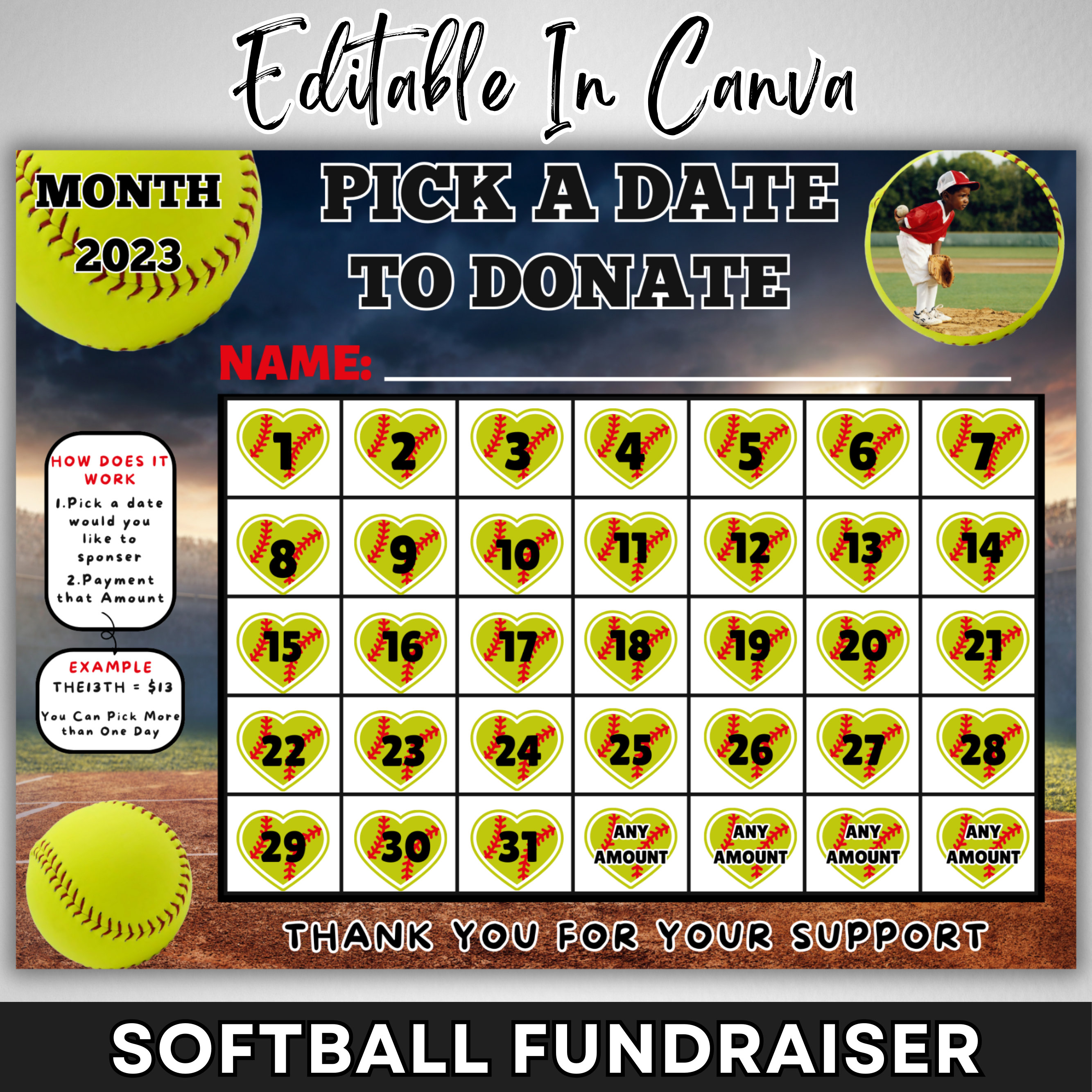 Raccolta fondi con calendario per il softball, modello per raccolta fondi per il softball, scegli una data per donare al softball, paga la data, calendario per la raccolta fondi per il softball Canva
