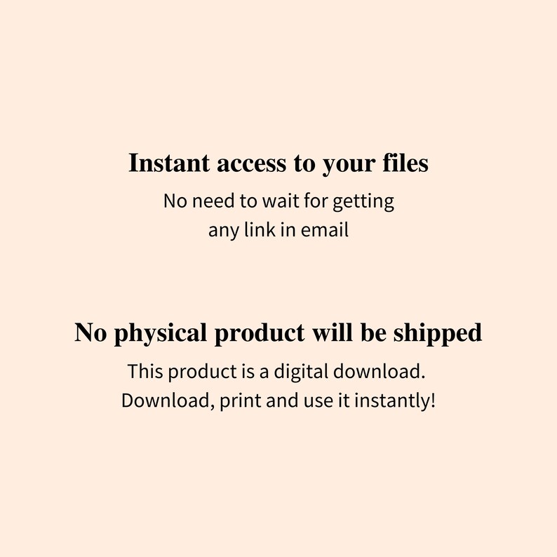 Pode incluir: An&uacute;ncio de download digital em um fundo p&ecirc;ssego. O texto diz "Acesso instant&acirc;neo aos seus arquivos" e "Nenhum produto f&iacute;sico ser&aacute; enviado". O produto &eacute; um download digital, pronto para baixar, imprimir e usar instantaneamente.