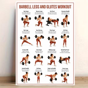 Könnte beinhalten: Ein weißes Lehrplakat mit dem Titel BARBELL LEGS AND GLUTES WORKOUT, das sechzehn verschiedene Übungsillustrationen zeigt. Jeder Abschnitt zeigt eine Person bei einer bestimmten Übung mit einer schriftlichen Anleitung unter jedem Bild.