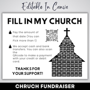 以下が含まれることがあります： 「Fill in my church」のテキストが入った、白黒の教会の募金活動グラフィック。デザインには、10ドルの紙幣で満たされた教会のシルエット、QRコード、寄付の手順が含まれています。