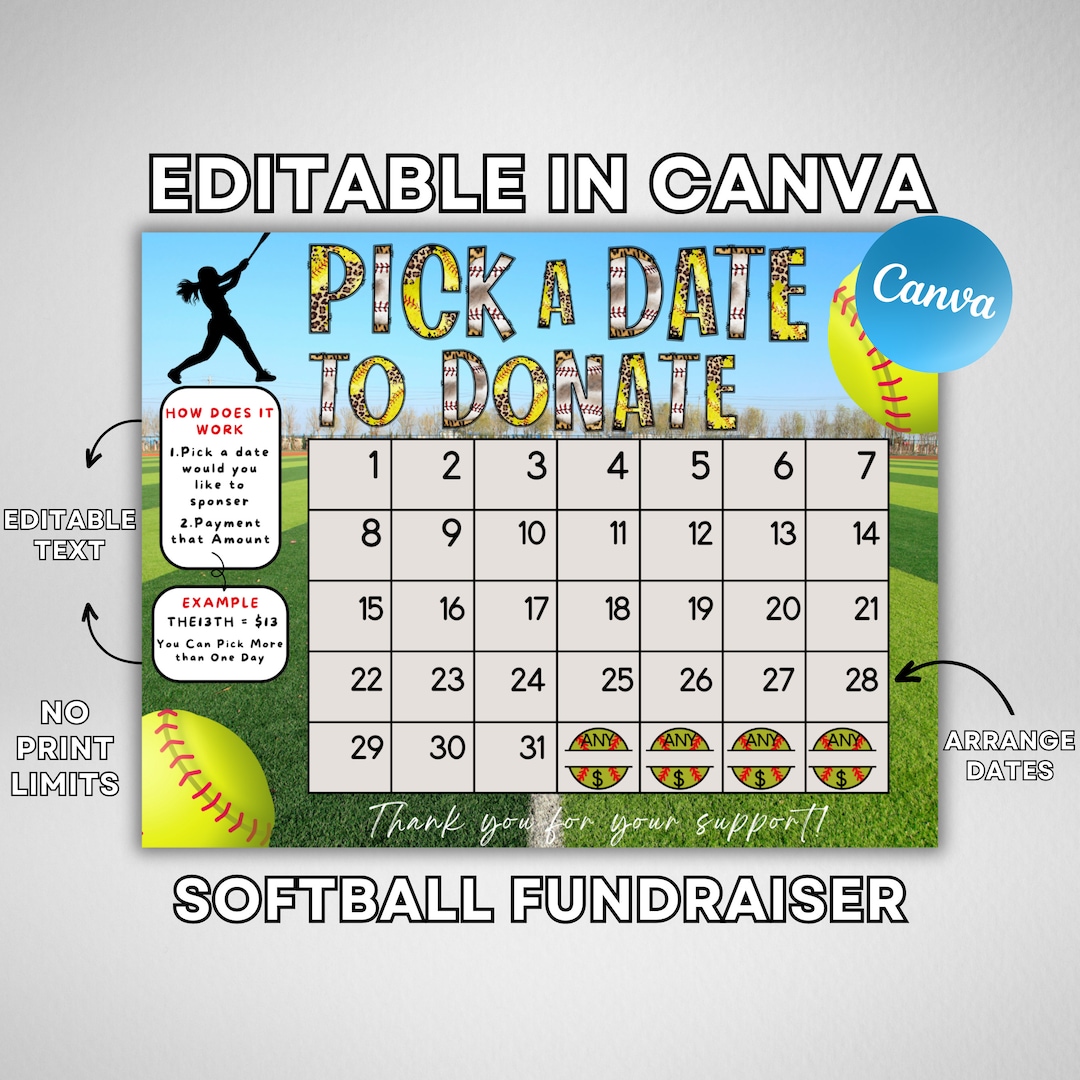 Editable Softball Fundraiser Calendar, Calendar Fundraiser, Fundraiser ...