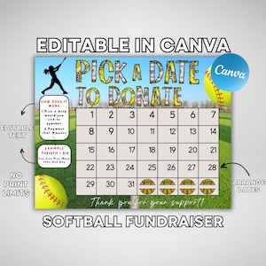 Softball Fundraiser Calendar 2025, Pick a Date To Donate, Softball Calendar Fundraiser Template, Softball Donation Fundraiser Canva Template