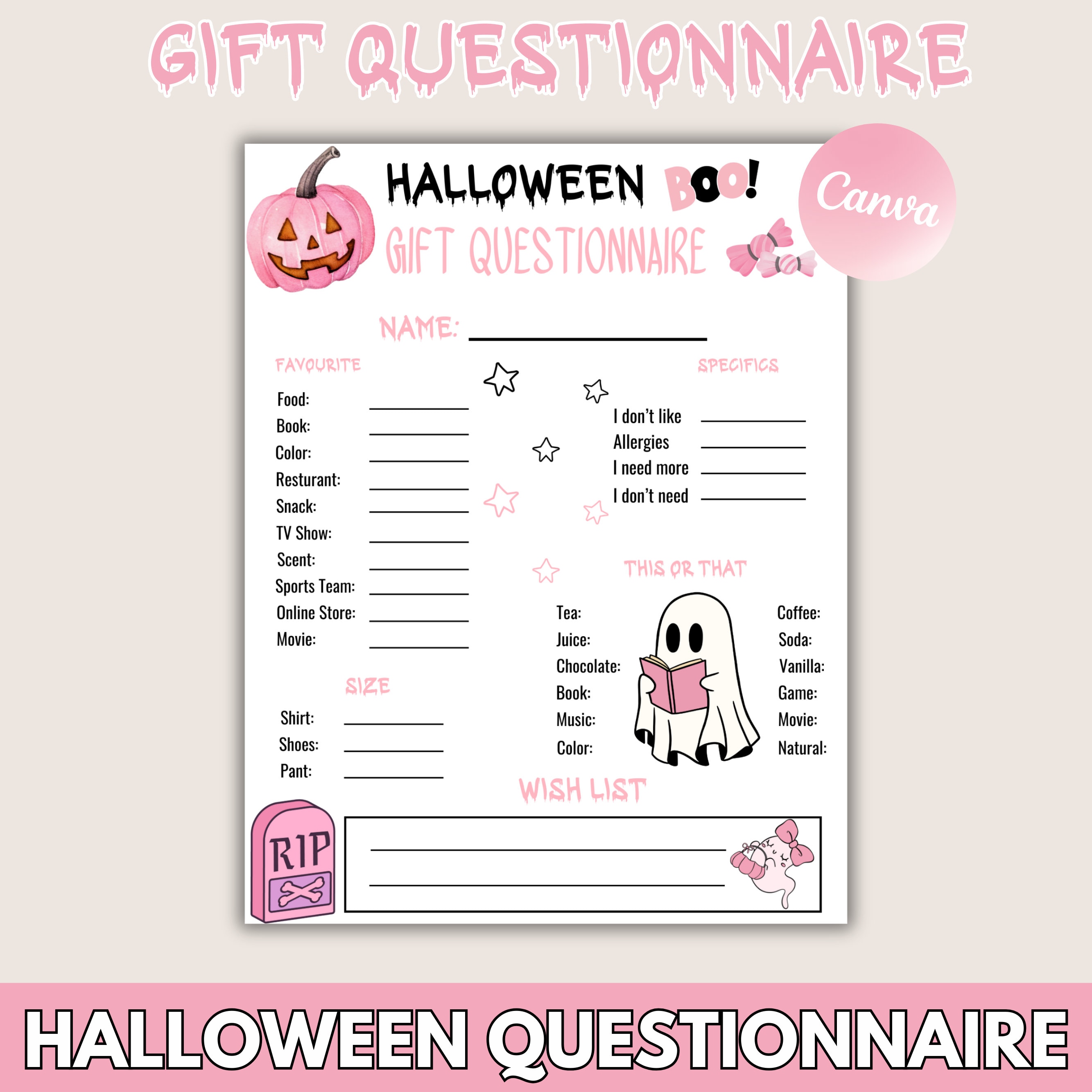 Editable Halloween Gift Exchange Questionnaire, Printable You've