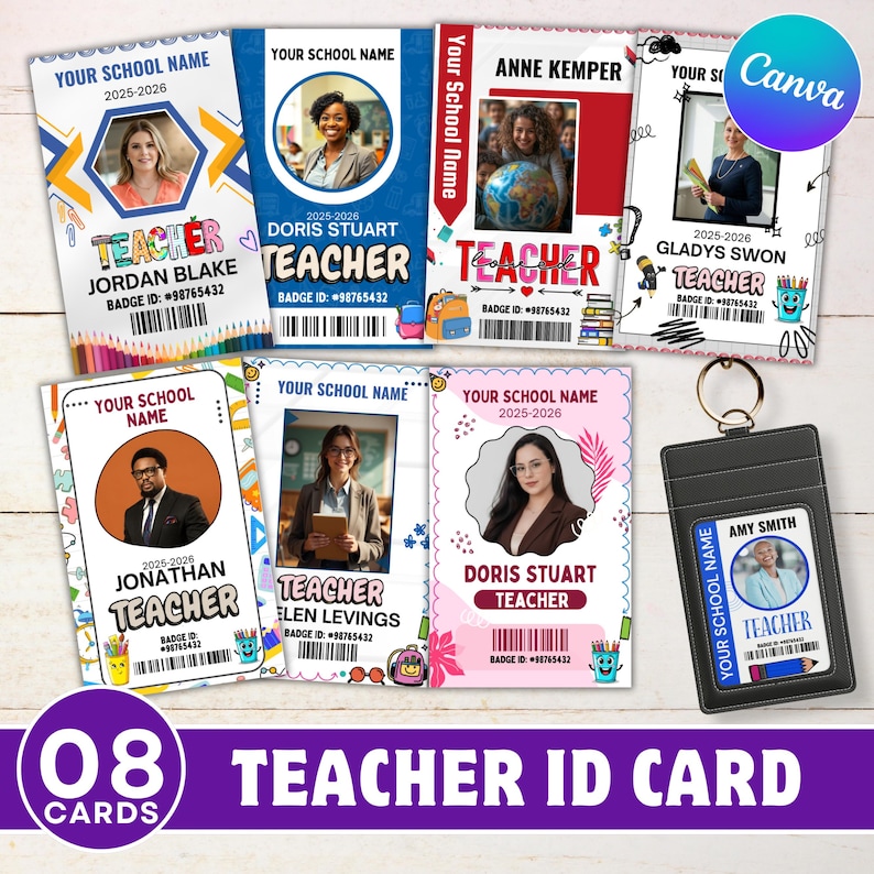 Modelo de crachá de identificação para professores editável no Canva, crachá de identificação escolar personalizado no Canva, modelo de crachá personalizável, volta às aulas imagem 1