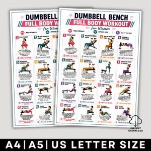 May include: Two white printed workout charts with a pink and teal color scheme. The charts display a dumbbell full-body workout for women, including exercises like goblet squats and dumbbell bench press. The text includes "Instant Download" and "A4 | A5 | US Letter Size."