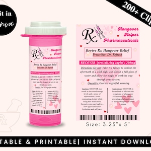 Kater / Genesung RX Pillenflasche, Kater Relief Flasche, Junggesellinnenabschied, Pink Hangover Glam Kit, Mädchennacht, Canva Bearbeitbar