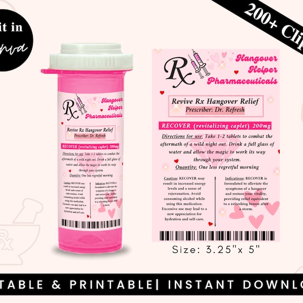 Barbie Hangover Kit, Pink Pill Bottle, Recovery Kit, Hangover Kit Sticker, Barbie Theme, Canva Editable, Instant Download