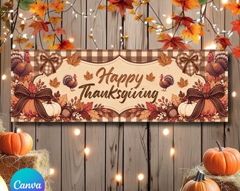Happy Thanksgiving Banner Template, 2x6 Ft Walgreens Printable, Friendsgiving decor, Turkey fall, Fall Pumpkin Party Sign
