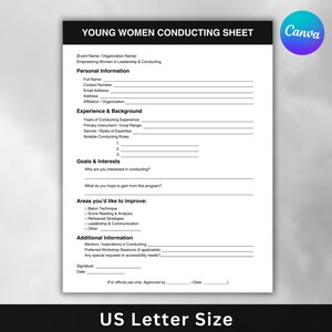Könnte beinhalten: Ein schwarz-weißes, druckbares Arbeitsblatt mit dem Titel "Young Women Conducting Sheet" mit Abschnitten für persönliche Informationen, Erfahrung und Hintergrund, Ziele und Interessen, Bereiche zur Verbesserung und zusätzliche Informationen. Das Arbeitsblatt ist für einen Dirigenten-Workshop oder ein Programm konzipiert.