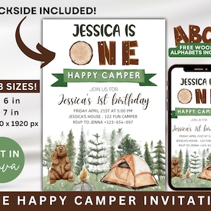 Editable One Happy Camper Birthday Invitation Template, Camping 1st Birthday Invite, 3 Sizes | 1080x1920 px, 5x7 in, 4x6 in, Canva Template