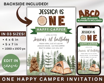 Bewerkbare één Happy Camper verjaardagsuitnodiging sjabloon, Camping 1e verjaardag uitnodigen, 3 maten | 1080x1920 px, 5x7 in, 4x6 in, Canva-sjabloon