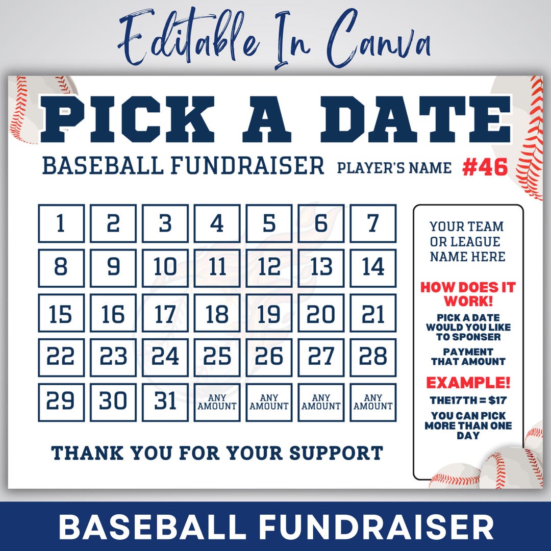 Baseball Fundraiser Calendar, Editable Baseball Fundraiser Template ...
