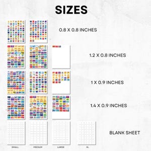May include: A chart showing different sizes of sticker sheets. The sizes are 0.8 x 0.8 inches, 1.2 x 0.8 inches, 1 x 0.9 inches, and 1.4 x 0.9 inches. There is also a blank sheet option.