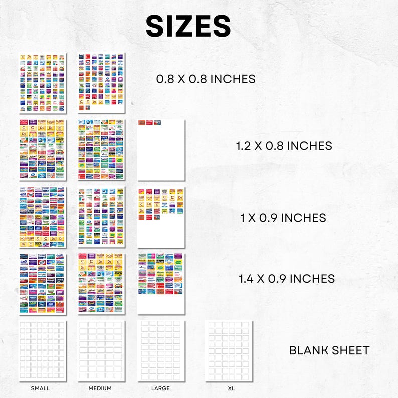 May include: A chart showing different sizes of sticker sheets. The sizes are 0.8 x 0.8 inches, 1.2 x 0.8 inches, 1 x 0.9 inches, and 1.4 x 0.9 inches. There is also a blank sheet option.