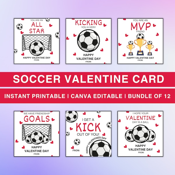 12 Soccer Valentine Cards, Soccer Boy Valentine Cards, Printable Kids Valentine Cards, Sports Valentine Card Canva Editable Instant Download