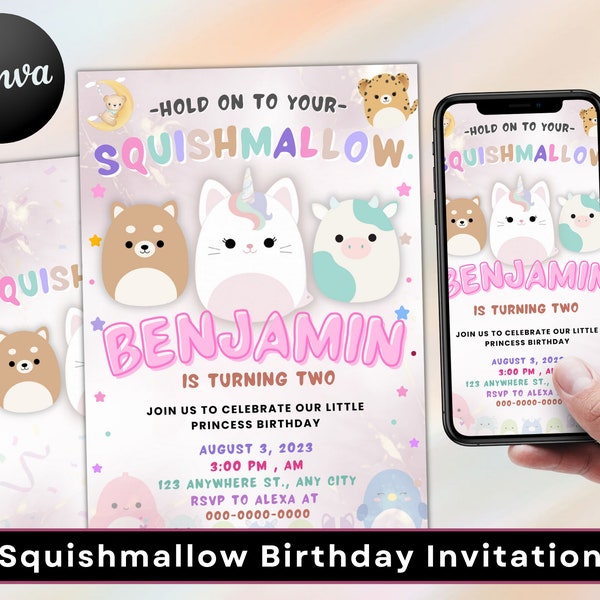 Squish mallow Birthday Invitation, Squishy Invitation, Customizable Squish mallows Birthday Party Invitation, Squishy Birthday Party