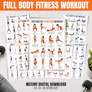 May include: A collection of fitness workout posters featuring illustrations of individuals in orange and purple athletic wear performing various exercises. The central poster is titled BODYWEIGHT LEAN LEGS WORKOUT, with other sheets showing routines like HIIT, low impact, and floor workouts. Text includes INSTANT DIGITAL DOWNLOAD, A4, A5, and US LETTER SIZE.