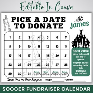 Editable Soccer Calendar Fundraiser Template, Clear The Board Fundraising Made Easy, Soccer Pick a Date to Donate, 8.5x11 Digital Download