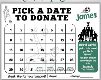 Modello di raccolta fondi del calendario di calcio modificabile, Cancella la raccolta fondi del consiglio semplificata, Calcio Scegli una data per donare, Download digitale 8,5 x 11