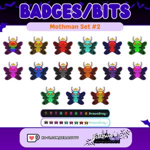 Puede incluir: Un conjunto de 16 insignias digitales que presentan una criatura de Mothman con alas de diferentes colores. Las insignias están dispuestas en una cuadrícula con el texto "Mothman Set #2" encima. El texto "DrawsDray" aparece dos veces debajo de la cuadrícula.