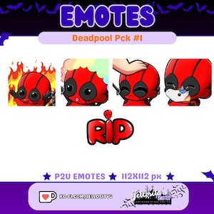 Puede incluir: Un conjunto de cuatro emojis animados que presentan un personaje de dibujos animados de Deadpool en diferentes poses. Los emojis están en un esquema de color rojo y negro y se colocan sobre un fondo blanco. El texto "Deadpool Pck #1" se muestra encima de los emojis. El texto "P2U Emotes 112x112 px" se muestra debajo de los emojis.