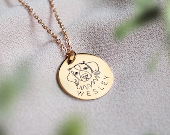 Pet Personalised Engraved Necklace - Line Drawing Pet Jewellery -  Custom Engraving Pendant Necklace