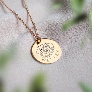 Pet Personalised Engraved Necklace - Line Drawing Pet Jewellery -  Custom Engraving Pendant Necklace