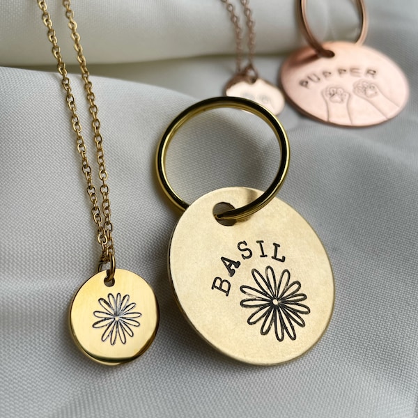 Pet Tag & Necklace Pet Owner Set - Hand Stamped Tag Matching Pendant Necklace - Engraved Custom Jewellery