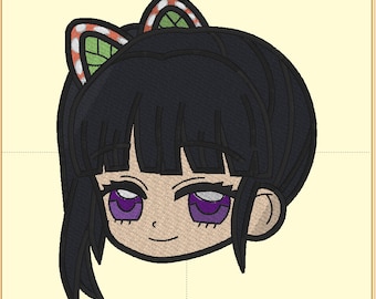 May include: Embroidered anime-style character head with black hair and purple eyes. The character has a small smile and wears decorative hair accessories with orange, white, and green accents. The design is on a light beige background.