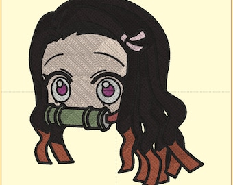 May include: Embroidered image of an anime character with large, expressive eyes and long, flowing black hair. The character has a bamboo muzzle and a pink bow. The design features shades of black, brown, pink, and green.