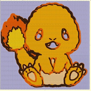 May include: A cartoon illustration of a yellow and orange creature with a fluffy tail. The creature has large eyes, a small mouth, and a small body. The creature is sitting on a purple background.