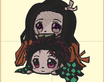 May include: Embroidered design featuring two anime characters with large eyes. The top character has long black hair with a pink bow, and the bottom character has spiky burgundy hair. The design includes orange and green accents.