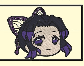 May include: A purple and black cartoon character with butterfly wings. The character has large eyes and a small smile. The character is in a black frame.