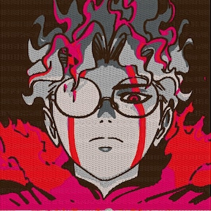 May include: A digital illustration of a person with pink and red hair wearing glasses. The person has a serious expression and is looking directly at the viewer. The background is a dark brown color.