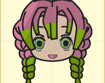 May include: Embroidered design of a cartoon character's face with pink hair, green accents, and large green eyes. The character has a small smile and is set against a beige background. The design is likely for apparel or accessories.