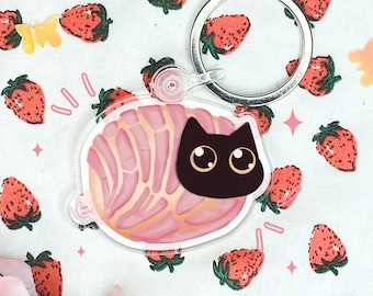 Black Cat Concha Acrylic Keychain | Kawaii Pink Cat | Pan Dulce Keychain | Cute Cat Accessory | Chloe Colors