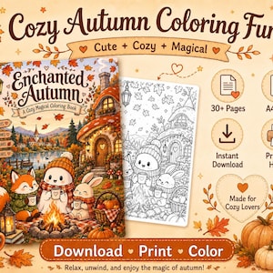 Può includere: Un libro da colorare digitale intitolato Cozy Autumn Coloring Fun con un'illustrazione di copertina che mostra una volpe, un fantasma e un coniglio vicino a un falò. Il set include oltre 30 pagine in formato PDF A4 da scaricare e stampare, decorato con zucche, foglie autunnali e lanterne.
