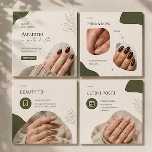 Può includere: Un set di quattro modelli quadrati per social media con sfondi beige, forme organiche verde scuro e illustrazioni di foglie a tratto. Le grafiche mostrano mani curate con smalto marrone scuro e nude, includendo sovrapposizioni di testo.